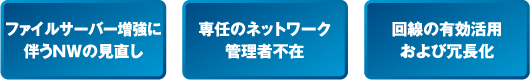 「ファイルサーバー増強に伴うネットワークの見直し」「専任のネットワーク管理者不在」「回線の有効活用および冗長化」